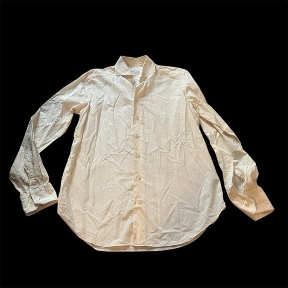 Emanuel Berg orange dots business button down shirt